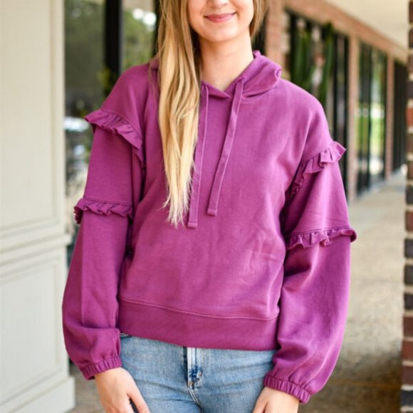 Rebecca Minkoff Grape Evelyn Ruffled Long Sleeve Sweatshirt L - Picture 1 of 4